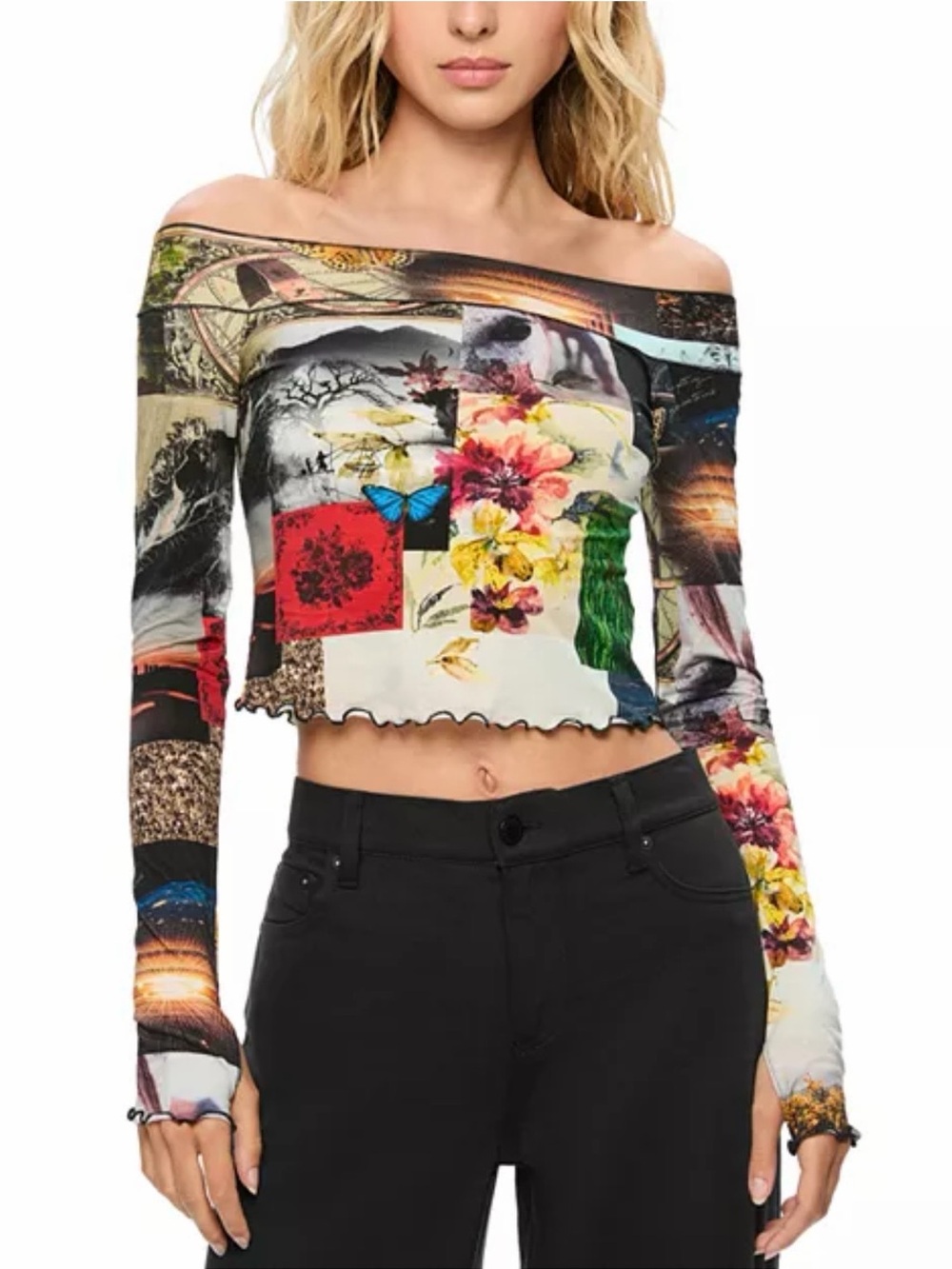 Alice + Olivia Dorinda Off the shoulder long sleeve top Bold Graphic Patchwork